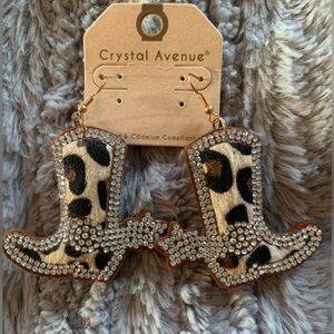 Crystal Avenue Leopard Print Cowboy Boot Earrings, New